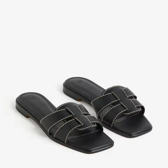 NEW H&M Black Slides Vegan Leather Sandals Size 11! ALSO SELLING IN TAN! - Picture 1 of 4